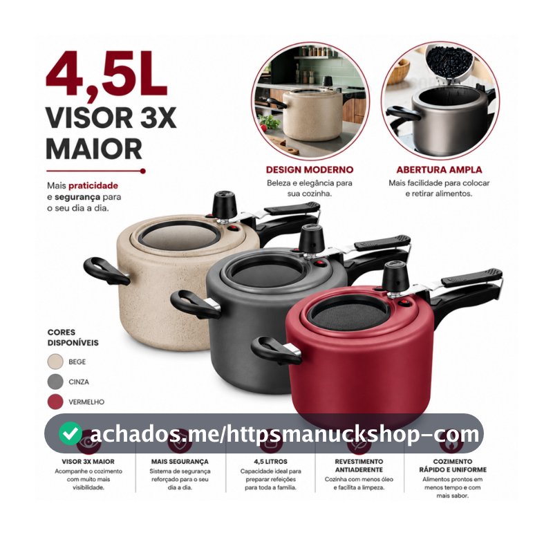 Panela de Pressão 4,5L Antiaderente com Visor de Vidro na Tampa 12cm Grande Grafite / Cereja / Perola 4,5 Litros MTA