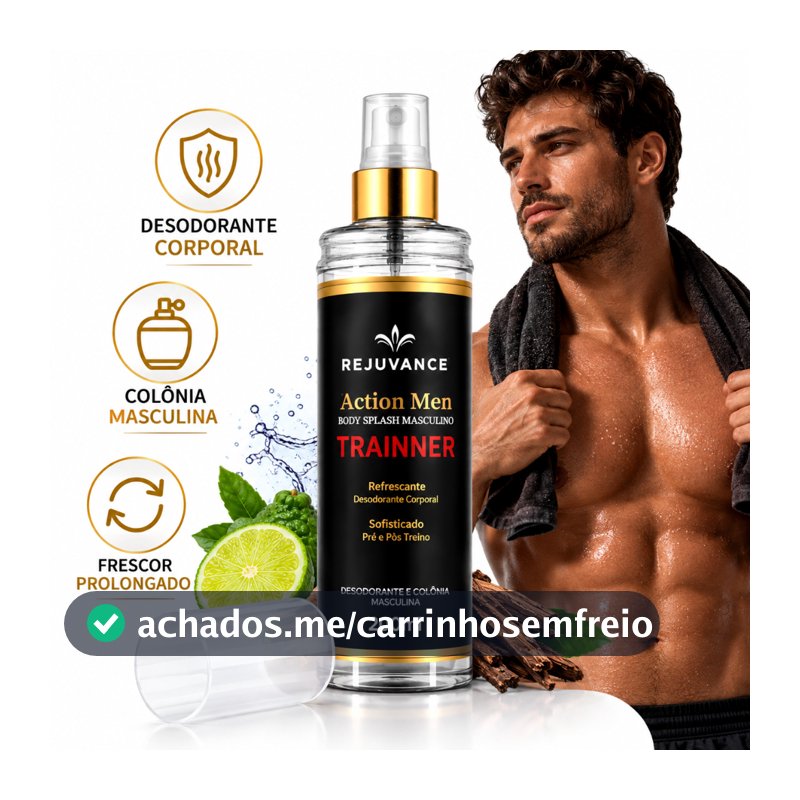 Body Splash Masculino 200ml – Desodorante e Colônia Corporal Pré e Pós-Treino Rejuvance Action Men Trainer