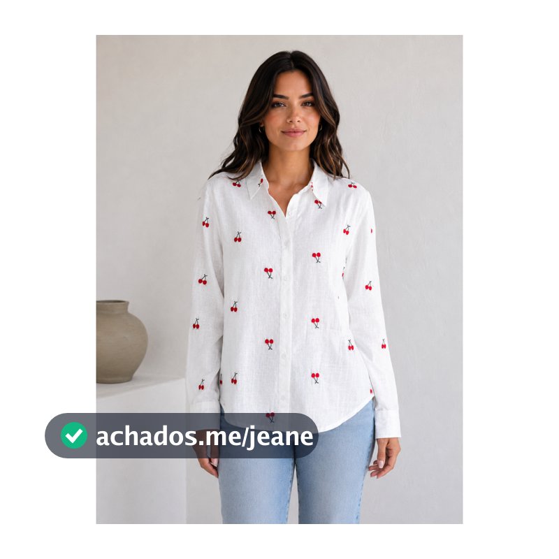 Camisa Feminina Manga Longa Branca em Linho com Bordado, Estilo Casual Fofo para Primavera e Verão