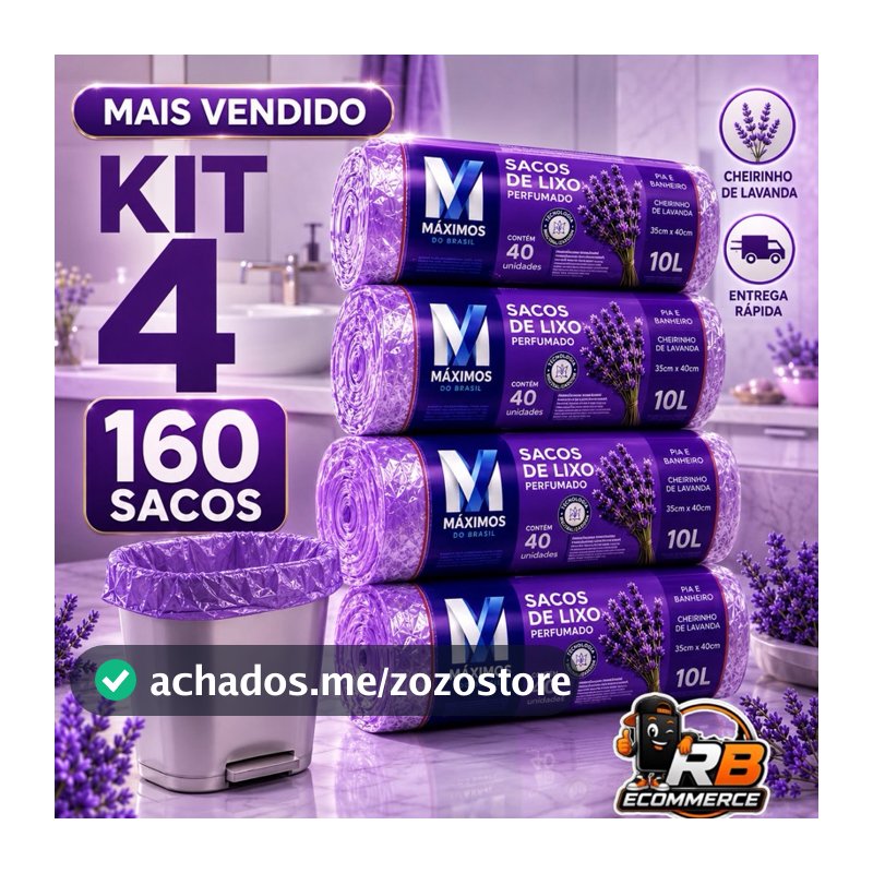 Kit 4 Sacos de Lixo Perfumados Lavanda | 160 Sacos | Pia e Banheiro | 34x38cm | Neutraliza Odores