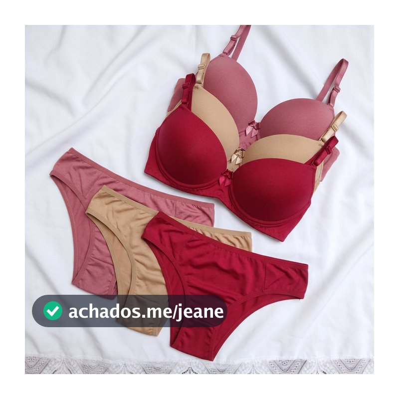 Kit 3 Conjunto Lingerie Feminina Lisa Calcinha e Sutiã Com Bojo Confortável Delicado