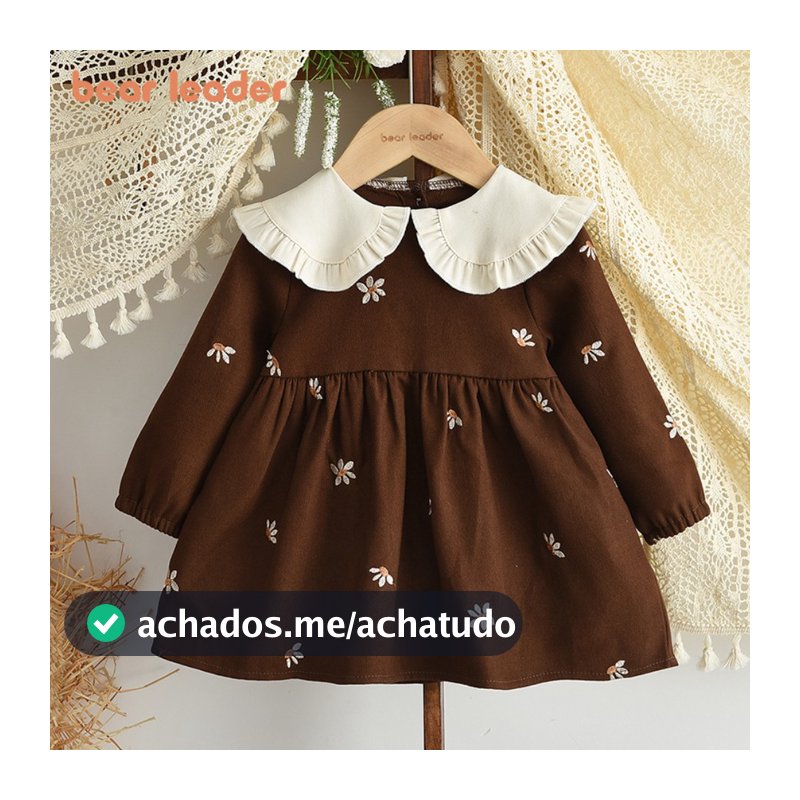 Urso Líder Novo Outono Versão Coreana Flor Bordado Vestido Casual Cor Sólida Bonito Mangas Compridas Roupas Do Bebê Meni