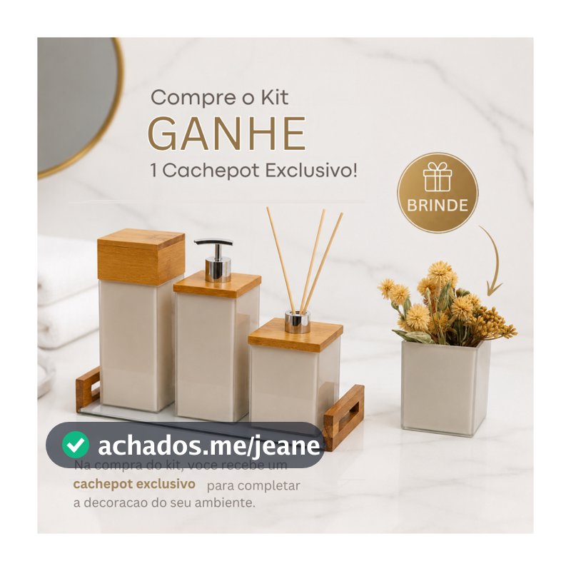 Kit Banheiro Lavabo Luxo Saboneteira Bandeja Porta Escova Difusor 4 Pçs em Vidro e Madeira Decoraçao