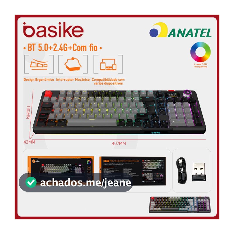 Basike Teclado Mecânico Modo triplo，RGB Switches vermelhos Teclado mecânico Design ergonômico Com visor digital，key391