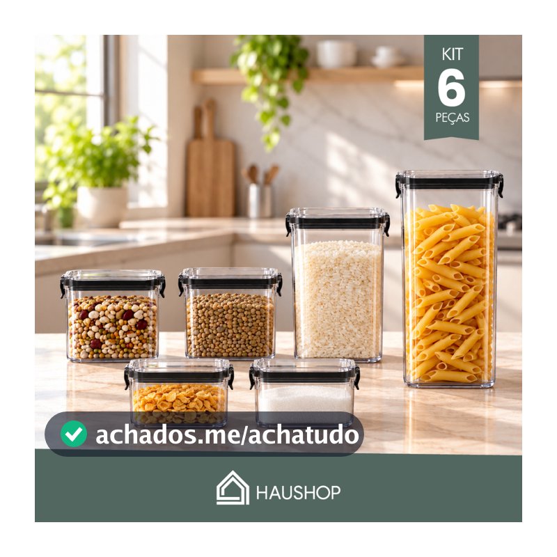 Potes Herméticos Kit 6 Unidades Plásticos Haushop BPA Free Para Alimentos Porta Mantimentos Organizador Cozinha
