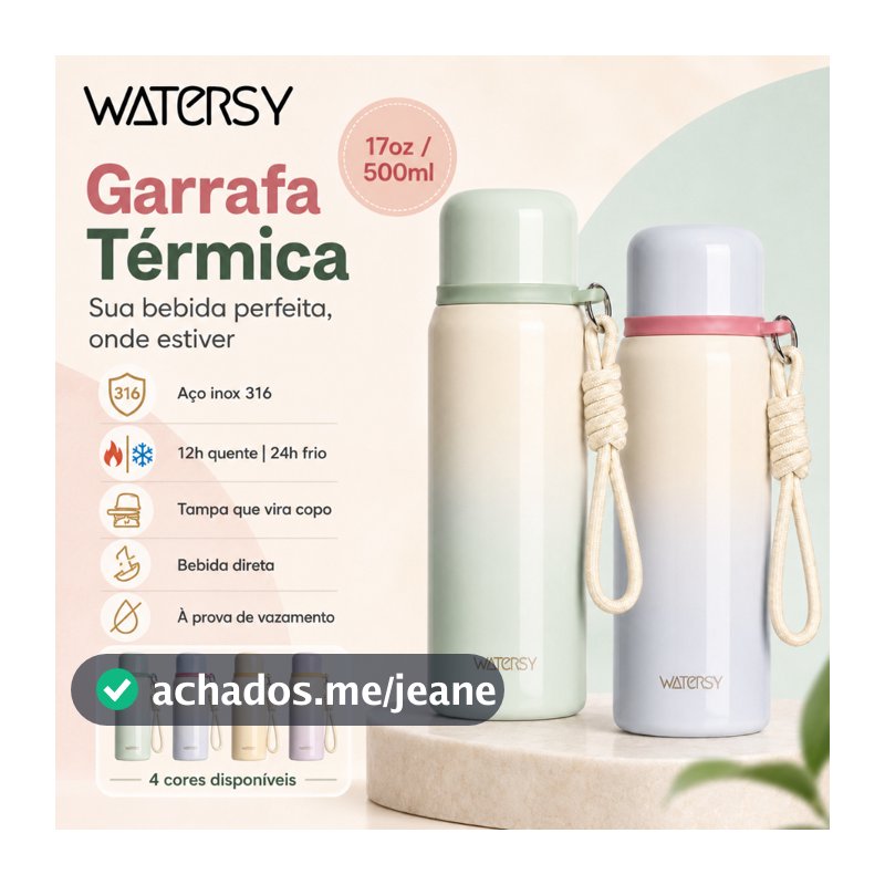Watersy Garrafa Térmica 500ml Inox 304 Quente/Frio com Alça - Ideal para Esportes e Escola