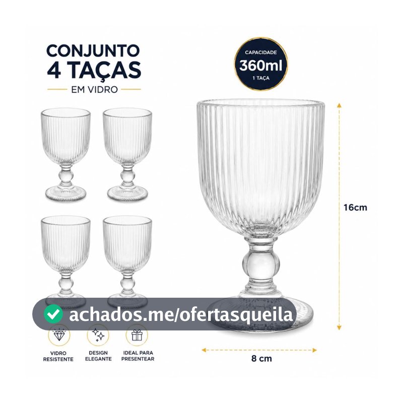 Conjunto com 4 Taças de Vidro 360ml – Elegância para compartilhar bons momentos