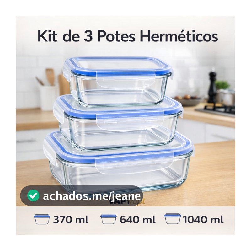Kit 3 Potes Vidro Com Tampa Herméticos Alta Vedação 370ml 640ml 1040ml Armazenar Comidas Fitnnes