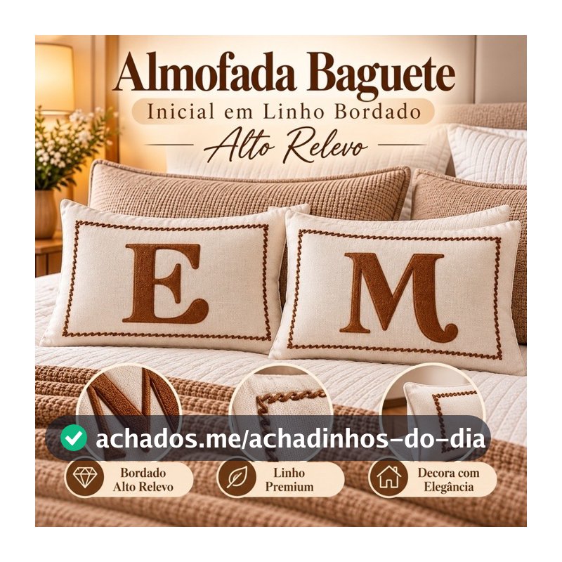 Almofada Baguete Inicial Letras A-Z Em Linho Bordada Alto Relevo - 33cm x 50cm Linho - Letra Personalizada Sala e Quarto