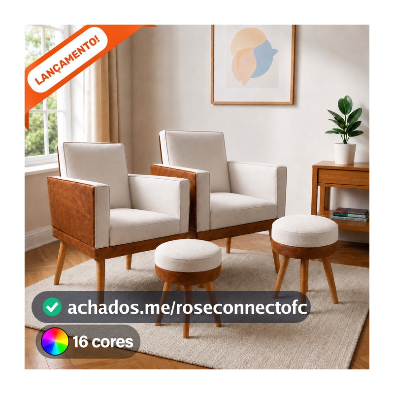 Kit 2 Poltrona Decorativo Para Sala Lis e 2 Puff Redondo Corino Peroba Suede Aninha Poltronas