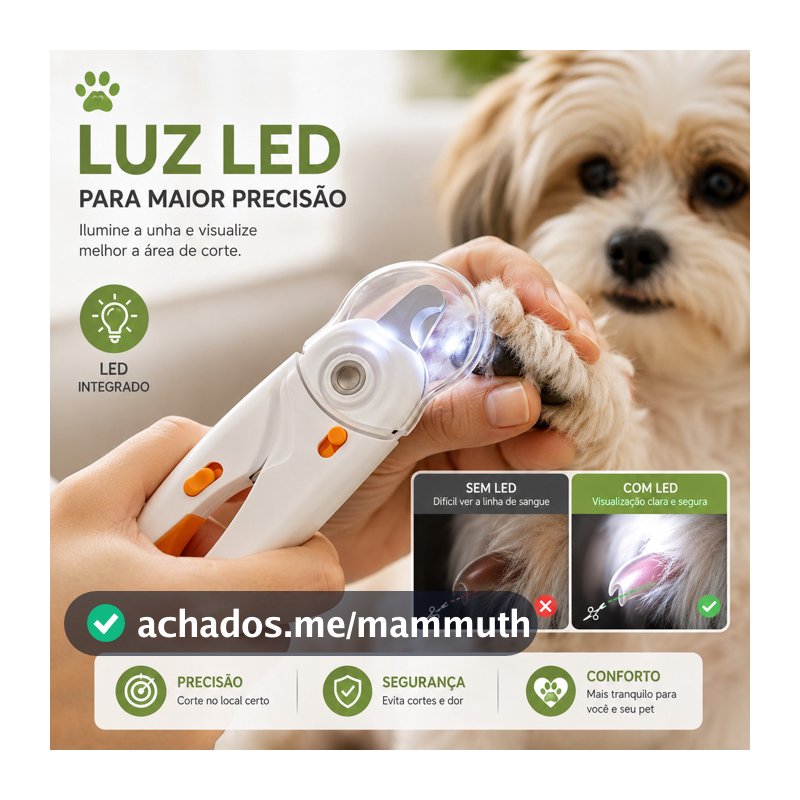 Alicate Cortador de Unha Pet Luz LED para Cães e Gatos Lixa Embutida Anti-Resíduos