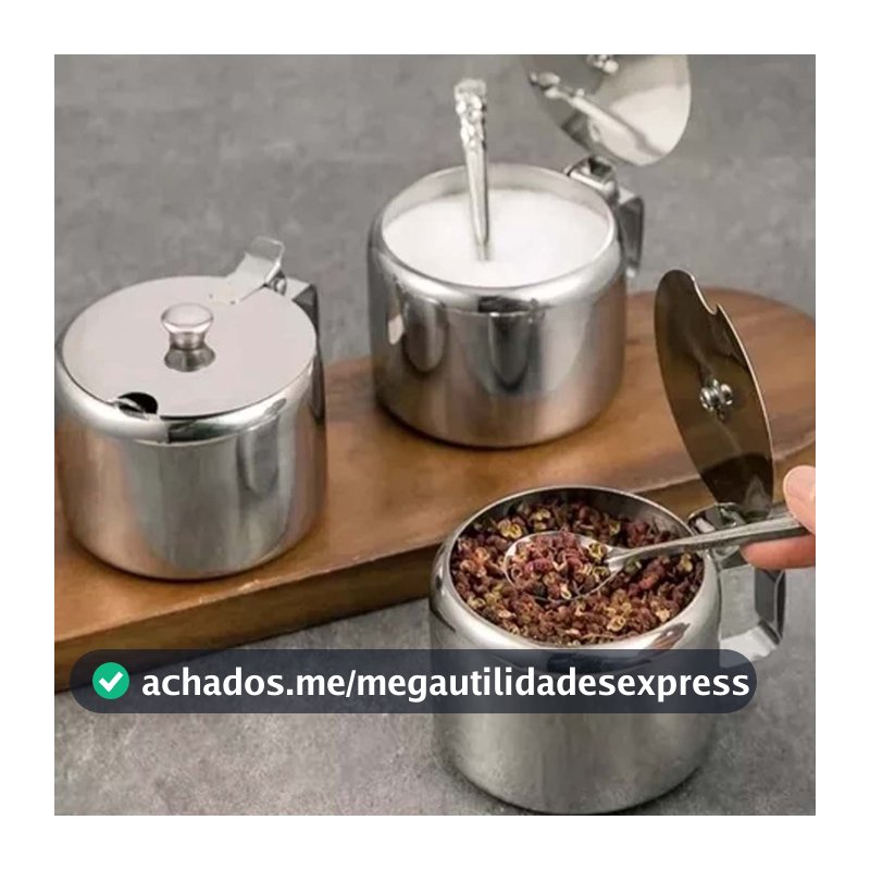 Kit 1 ou 2 Açucareiros de Aço Inox 350ml com Colher para Açúcar e Condimentos