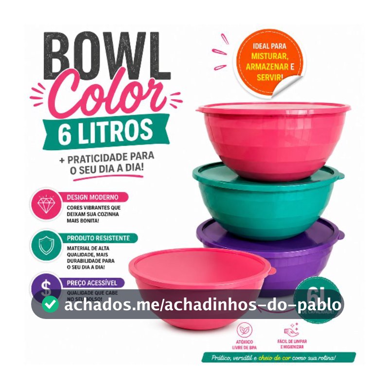 Bowl 6 Litros com Tampa Plástico Colorido Grande Vasilha Tigela para Misturar Armazenar Servir Cozinha