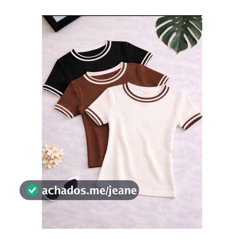 Kit 3 Blusas femininas manga curta em tecido ribana canelada gola redonda e detalhes gola e manga moda básica casual
