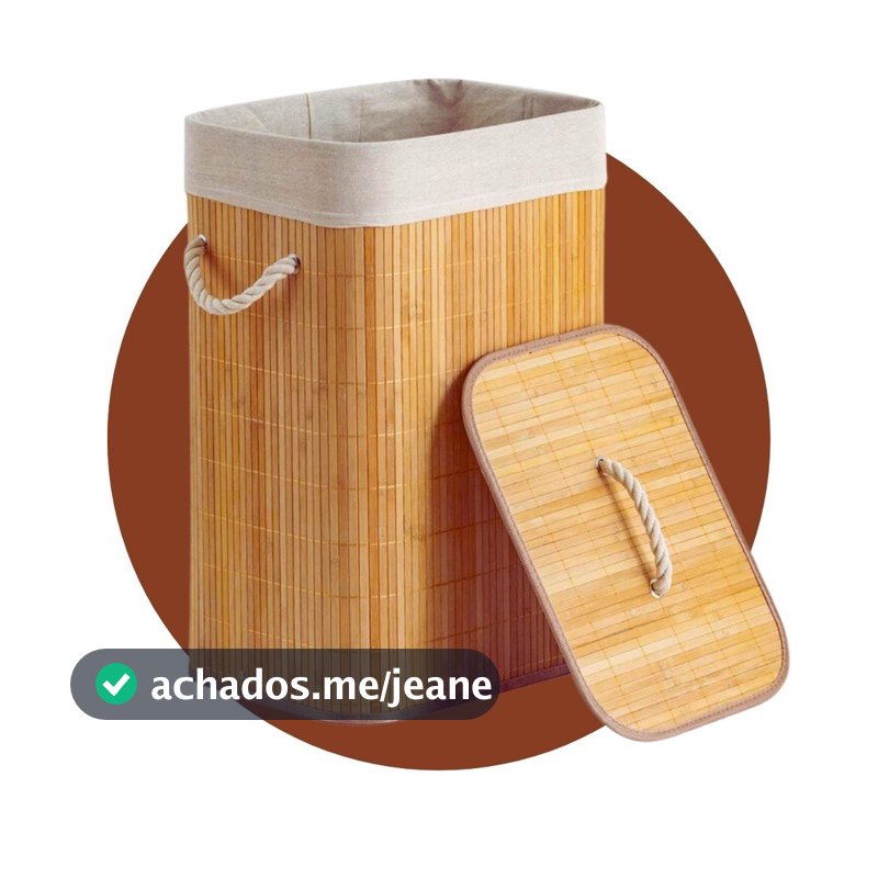 Cesto de Roupa Suja Lavanderia em Bambu tampa Retangular Forrado com Alça Brinquedo