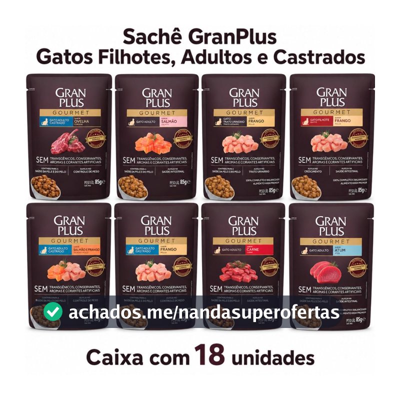 Ração Úmida Gatos Castrados Salmão Frango GranPlus 18 Sachês