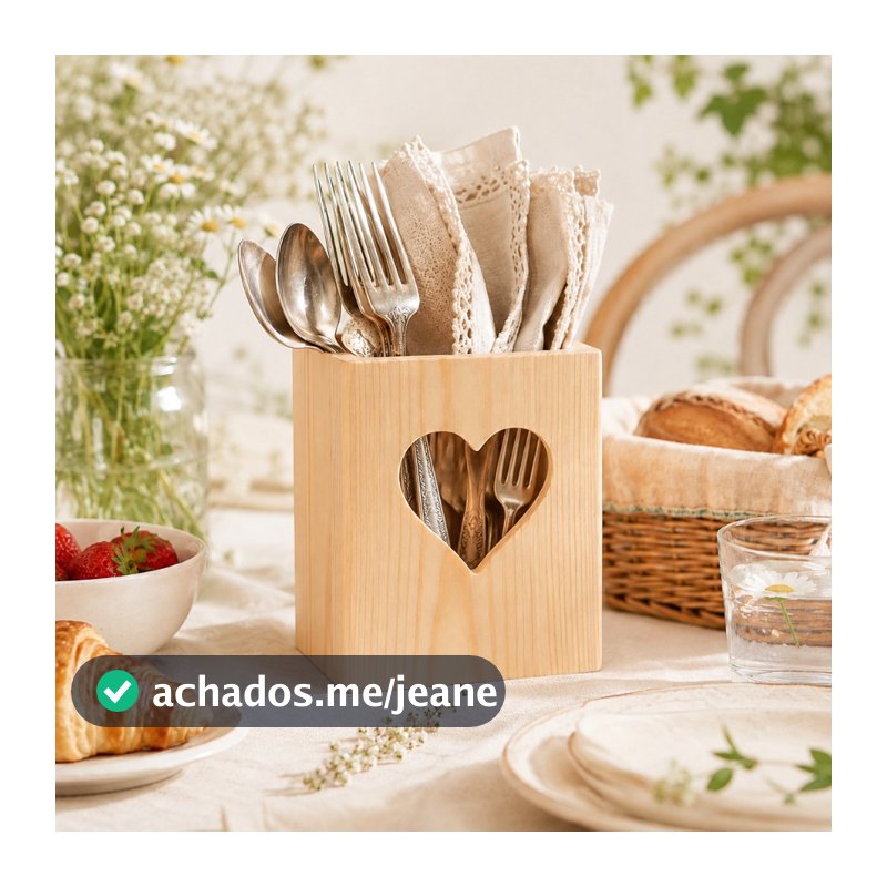 Porta Talher Utensílios Cozinha Madeira Pinus Coração Delicado Organizador Mesa Posta Decoração