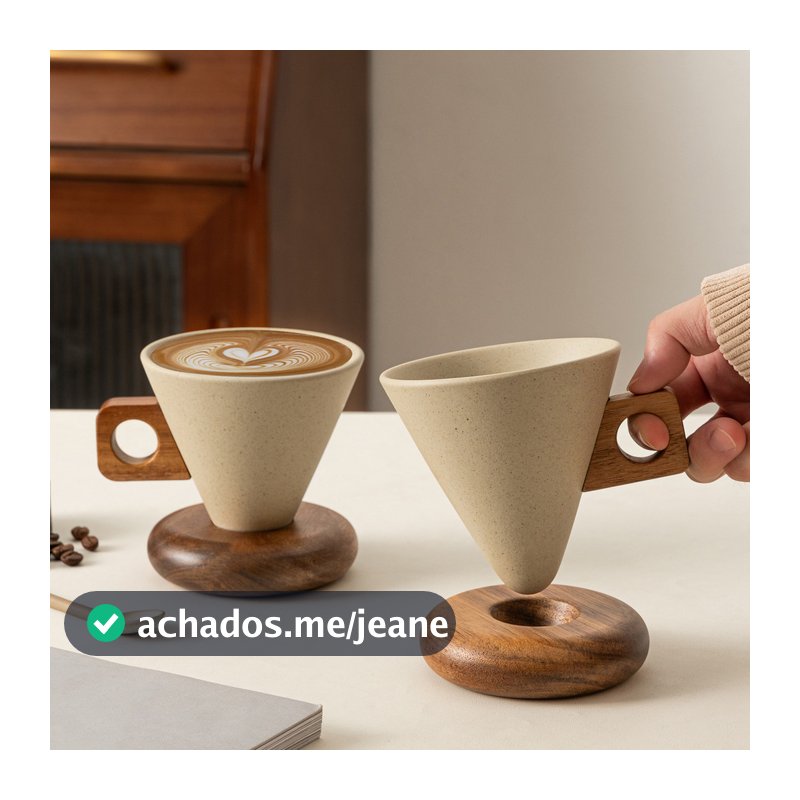 Caneca De Café Vintage , Copo Cônico De Cerâmica Com Alça De Madeira E Pires , Chá Estável , Presente Exclusivo Para Ama
