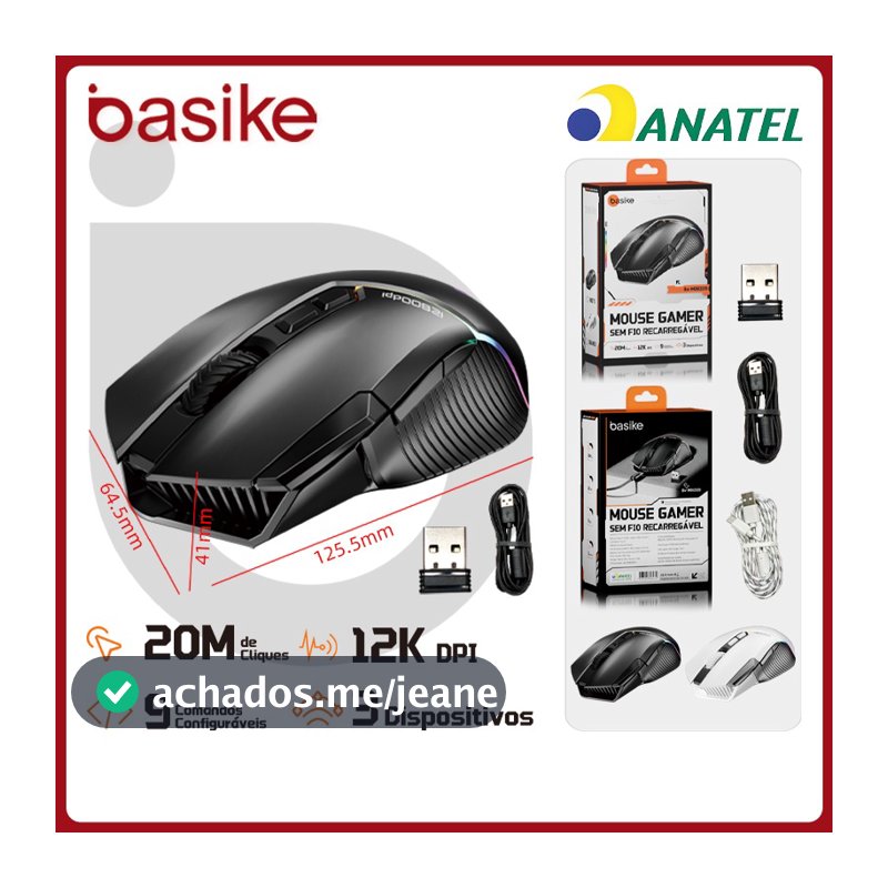 Basike Mouse Sem Fio BLuetooth 12000DPI Ajustável 3 Modos，Mouse Gamer Ergonômico RGB para Notebook，PC e Teclado，MOU339