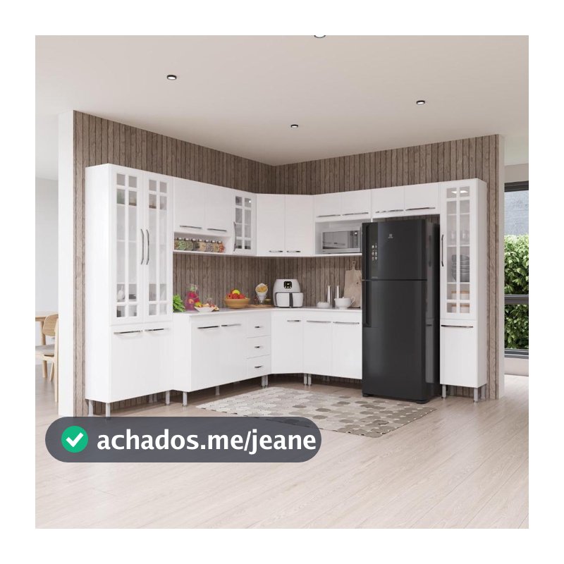 Armário de Cozinha Modulada Completa de Canto Fidelitá Viena 9 Peças 515cm 20 Portas 3 Gavetas Com Tampo Branco