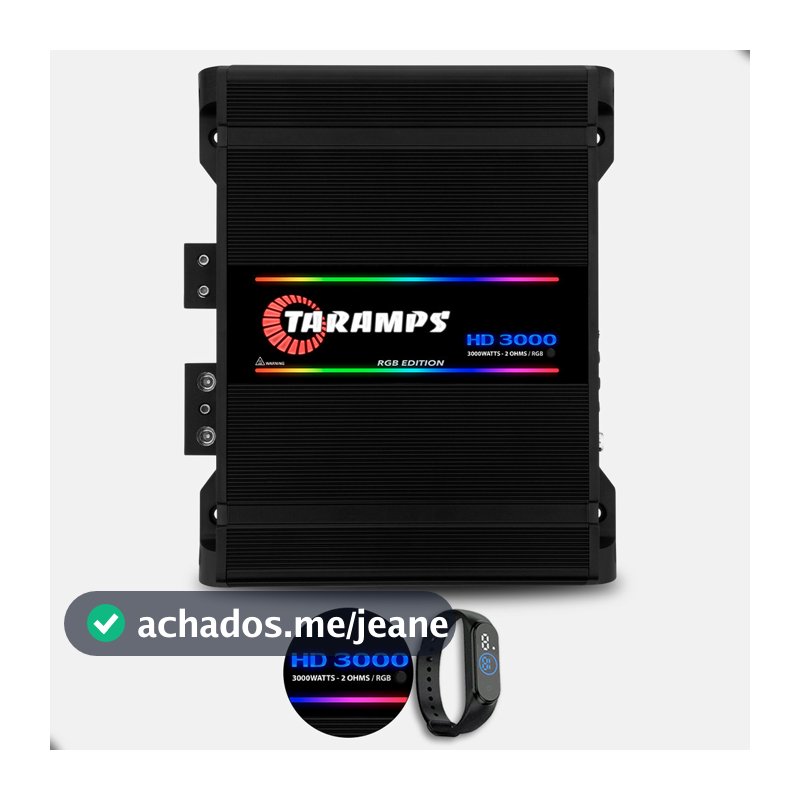 Módulo Taramps HD 3000 RGB Preto 1 Canal 2 Ohms 3000W RMS Som Automotivo Compacto Potente Para Alto-Falante Subgrave
