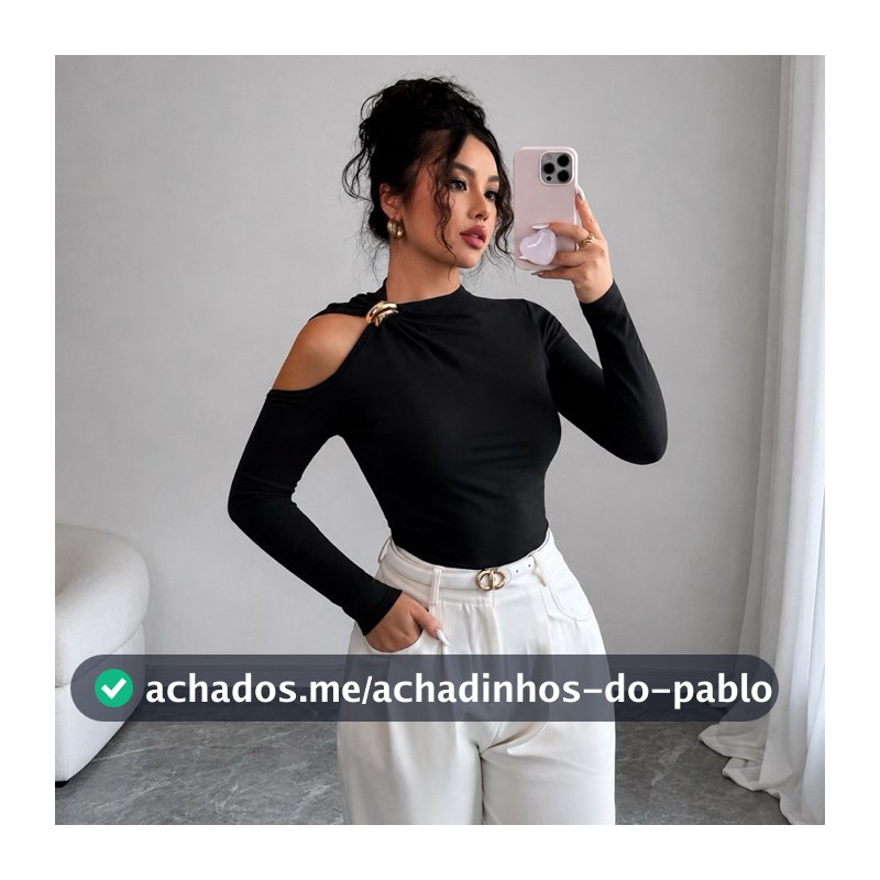 Blusa Feminina Ombro Vazado Manga Longa Com Fivela Dourada Blusa Feminina Elegante Inverno