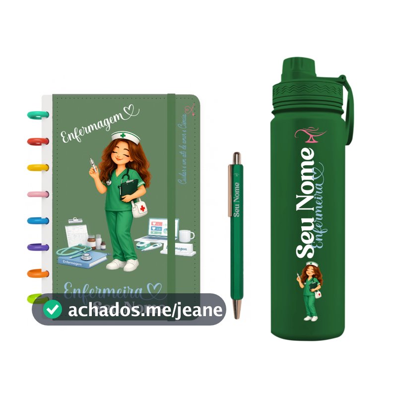 Kit Enfermagem Personalizado com Caderno, Garrafa Fresh Térmica 600ML e Caneta
