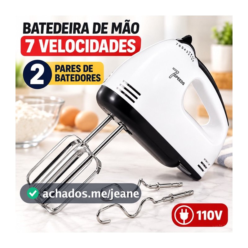 Batedeira de Mão Elétrica 7 Velocidades 110V com 4 Batedores para Bolos Ovos Chantilly e Massas