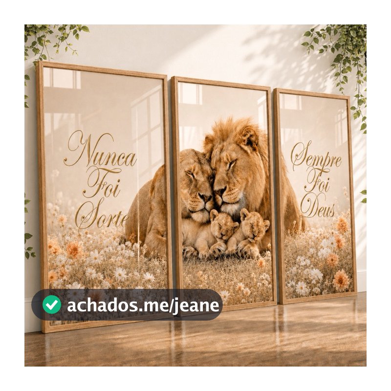 Kit Quadros Decorativos Nunca Foi Sorte Sempre Deus Fé Leão Família Sala
