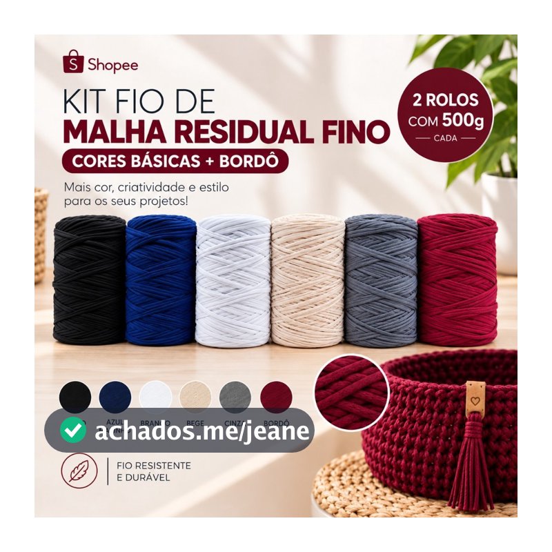 Kit Fio de Malha Fino Residual 2 Rolos de 500g Cada - Cores Neutras - Crochê Bolsa Tapete Promoção Barato A1