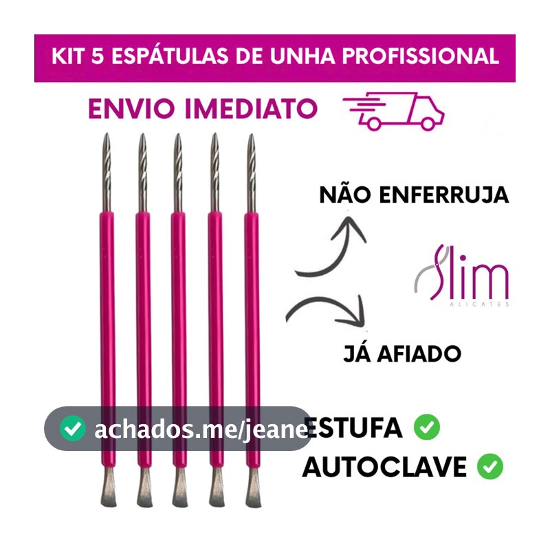Kit 05 Espátulas Slim -  Bastão Mista Unha Inox ROSA Com Silicone Cutelaria Manicure