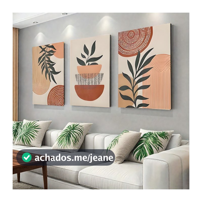 Kit 3 Quadros Decorativos Quarto e Sala 40x60 Planta Tropical - Linhas Geométricas Folhas Moderno
