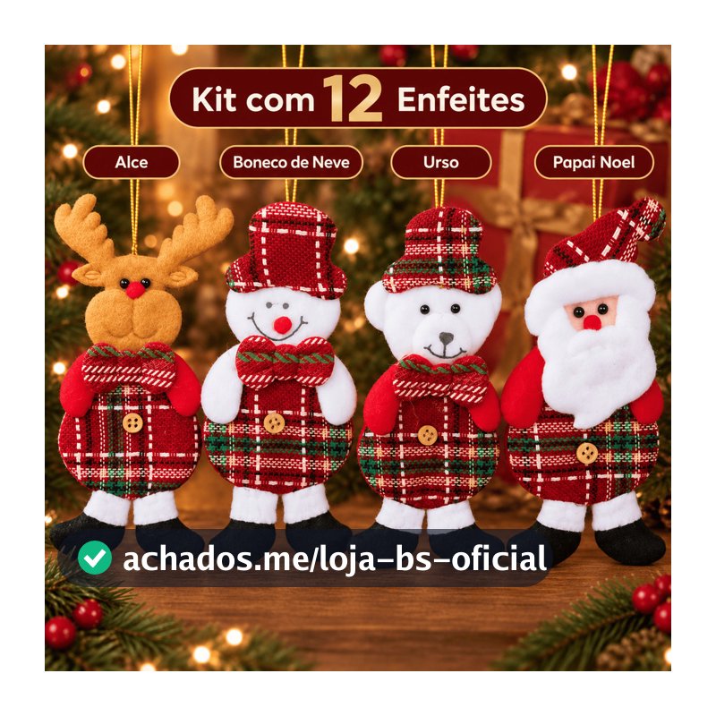 Kit 12 Bonecos Natalinos de Pelúcia 13cm para Pendurar Árvore de Natal Decoração Natalina