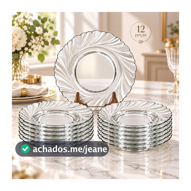 Kit 12 Pratos Fundo De Vidro Transparente Almoço Relevo Espiral Ondulado Sobremesa Jantar 22cm Resistente Elegante