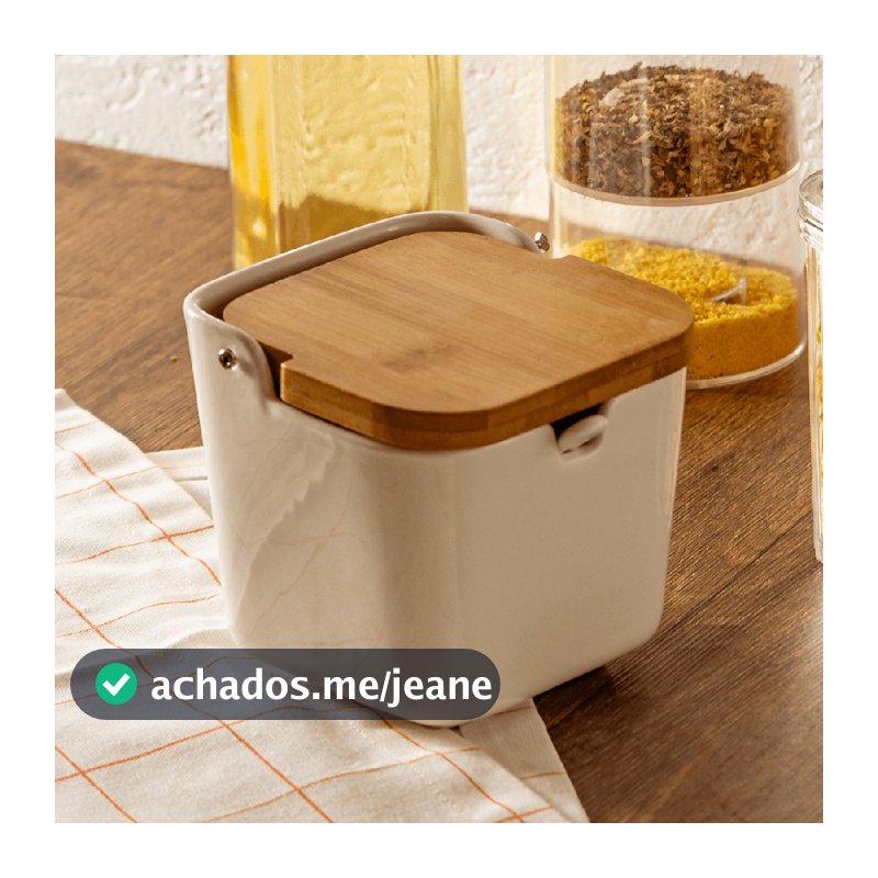 Saleiro Porta Sal Saleira de Porcelana Tampa de Bambu Mesa 9x8,5cm Bancada com Colher Lyor Pimenteiro Açucareiro