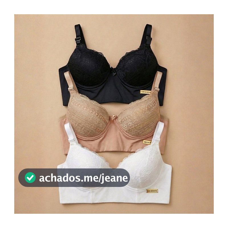 Kit 3 Sutiã Slim Cropped Reforçado Rendado com Alças Ajustáveis Lateral Larga