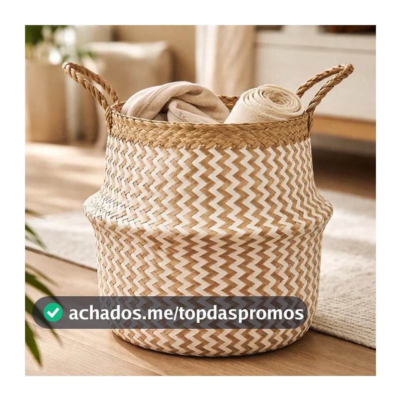Cesto Decorativo Organizador Dobrável Multiuso Em Fibra Natural Seagrass Com Alças 33cm