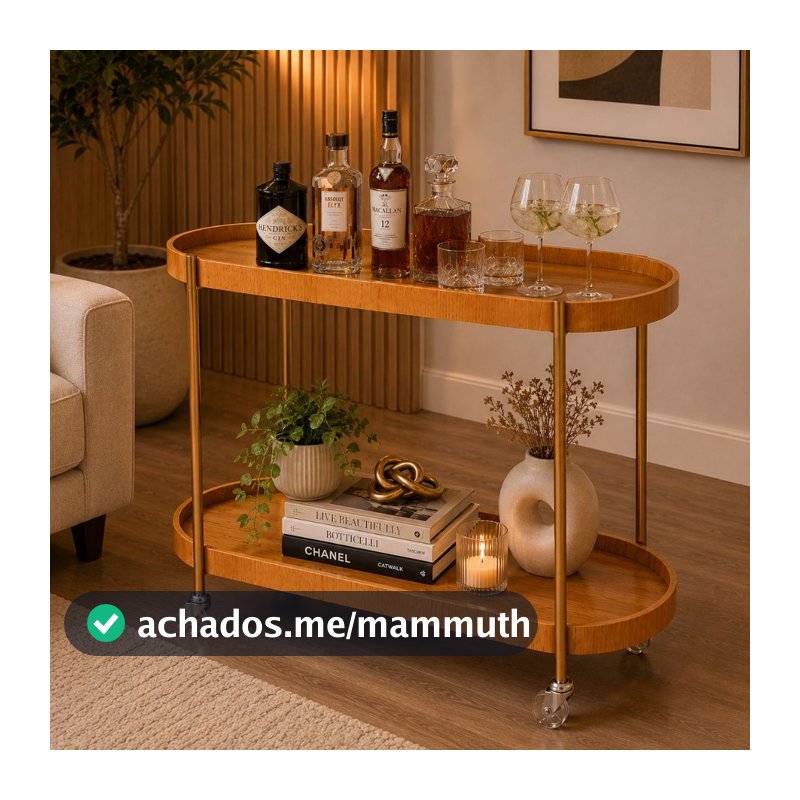 Carrinho Bar Oval Cinamomo Multiuso Dourado com Rodinhas Cristaleira Aparador Adega Decorativa Moderna Base em Aço
