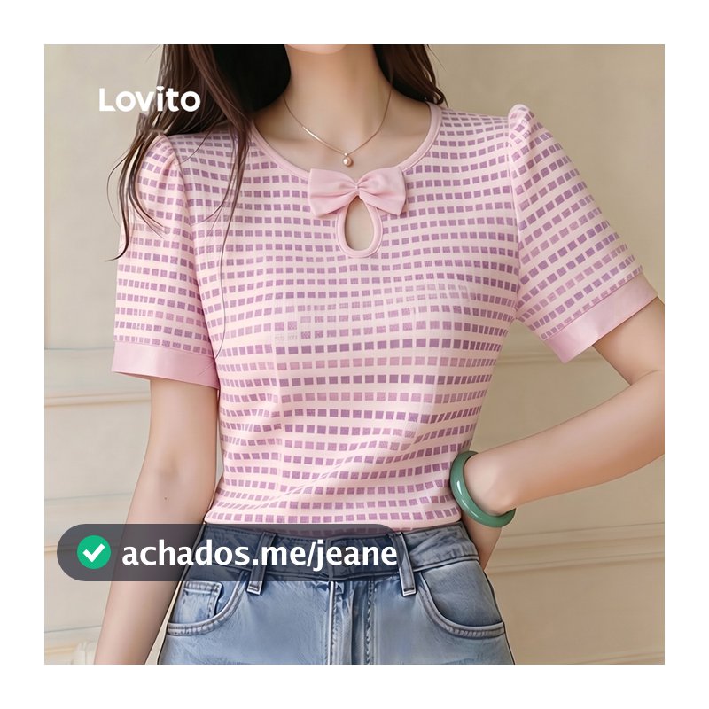 Lovito Camiseta Casual Corte de Padrão Laço Primavera/verão para Mulheres LK7LBD013