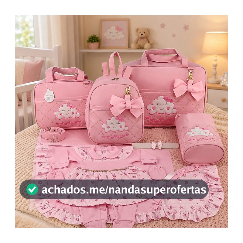 Kit Bolsa Maternidade Menina 5 Peças Nuvem + Saída Maternidade Rosa - Opções Laços de Luxo