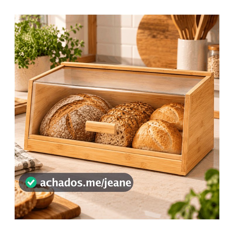 Porta Pão de Bambu com Tampa Acrílica Organizador de Cozinha Moderno Ecológico Grande Luxo