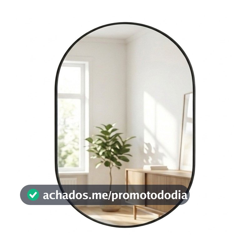 Espelho Pinterest Orgânico Decorativo Grande 64x44cm Borda em Couro 3cm - Mod. Pílula