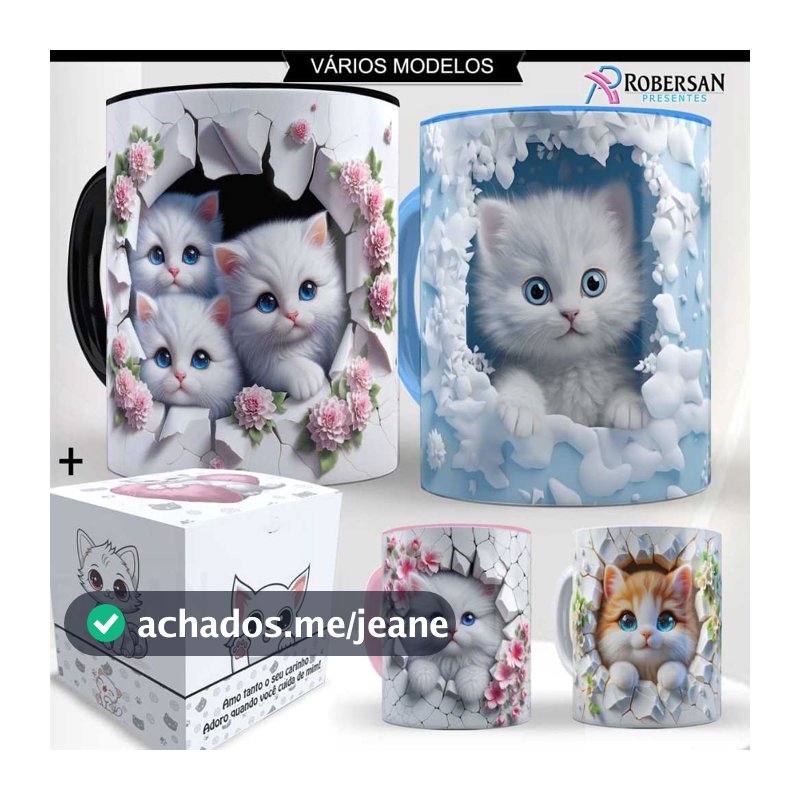 Caneca Gatinho 3D Gato Porcelana Personalizada Pet Fofo Rosa Preto