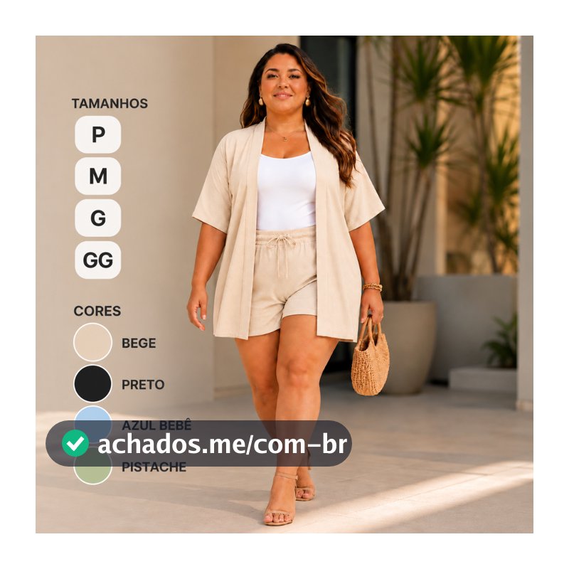 Conjunto Kimono e Shorts Feminino Casual Elegante Tecido Duna Kimono Aberto Shorts Cintura Alta Moda Verão Praia