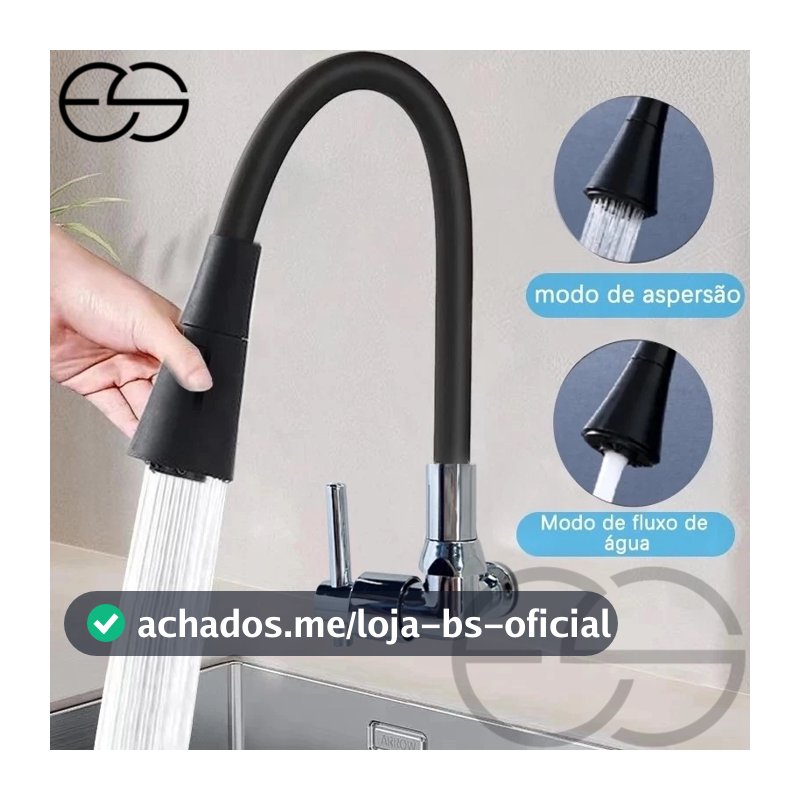 Torneira Gourmet Flexível Cozinha Parede Vertical Preto Prata ES