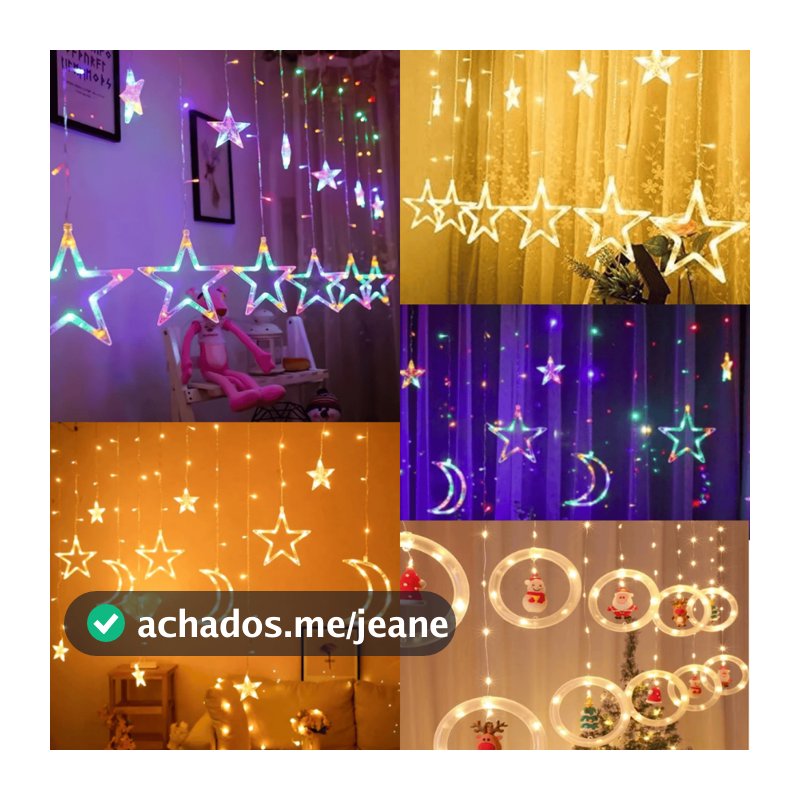 Cascata Led Pisca Pisca Cortina Luz RGB Amarela Decoração Natal Estrela Lua Papai Noel Neve Sacada