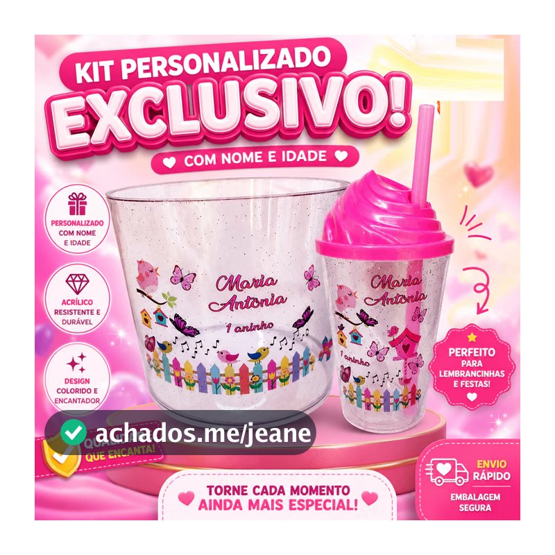 KIT Copos Twister 300ml com Tampas Chantilly e Baldes para Pipoca 1,5l Personalizados Jardim Encantado
