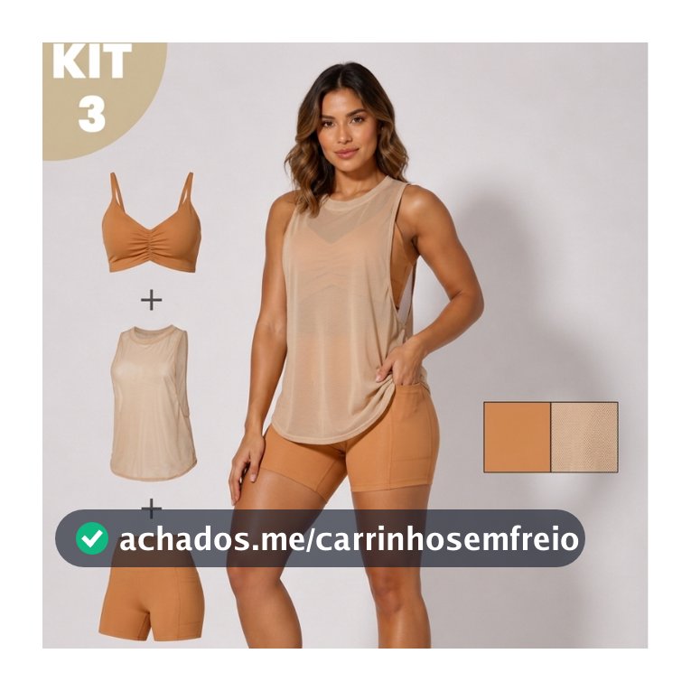 Kit 3 Peças Top+Short+Regata Tule Dry Fit Feminino Alta Compressão Cos Alto Academia