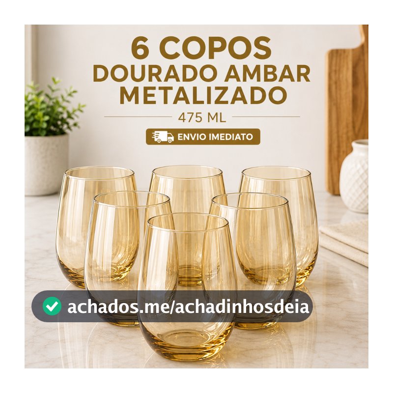 Jogo 12/6/4 Copos Vidro Dourado Metalizado Luxo 475ml - Resistente Aruba