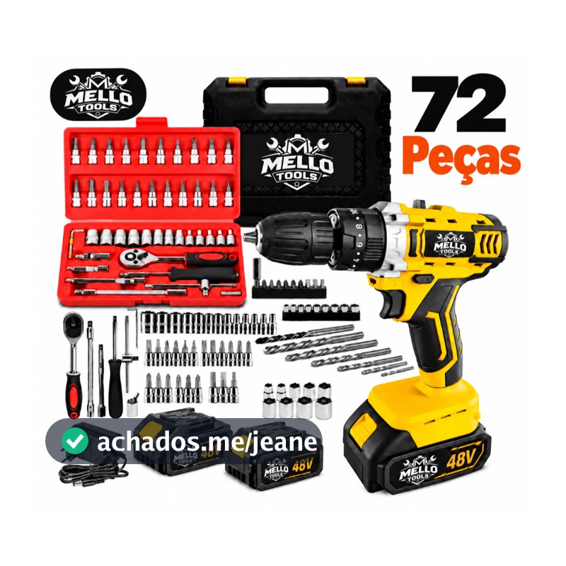 Parafusadeira Furadeira de Impacto 48V Sem Fio 2 Baterias 3 Funções com Maleta e 30 Acessórios Mello Tools